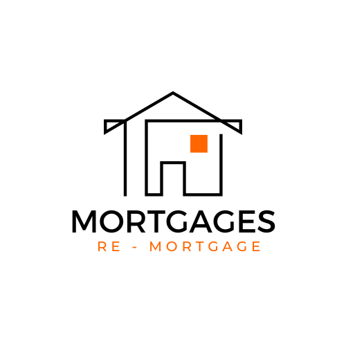 Alt text: Logo with a stylized black line art of a house with an orange square for a window, above the word “MORTGAGES” in large capital letters, and “RE - MORTGAGE” in smaller capital letters centered below.