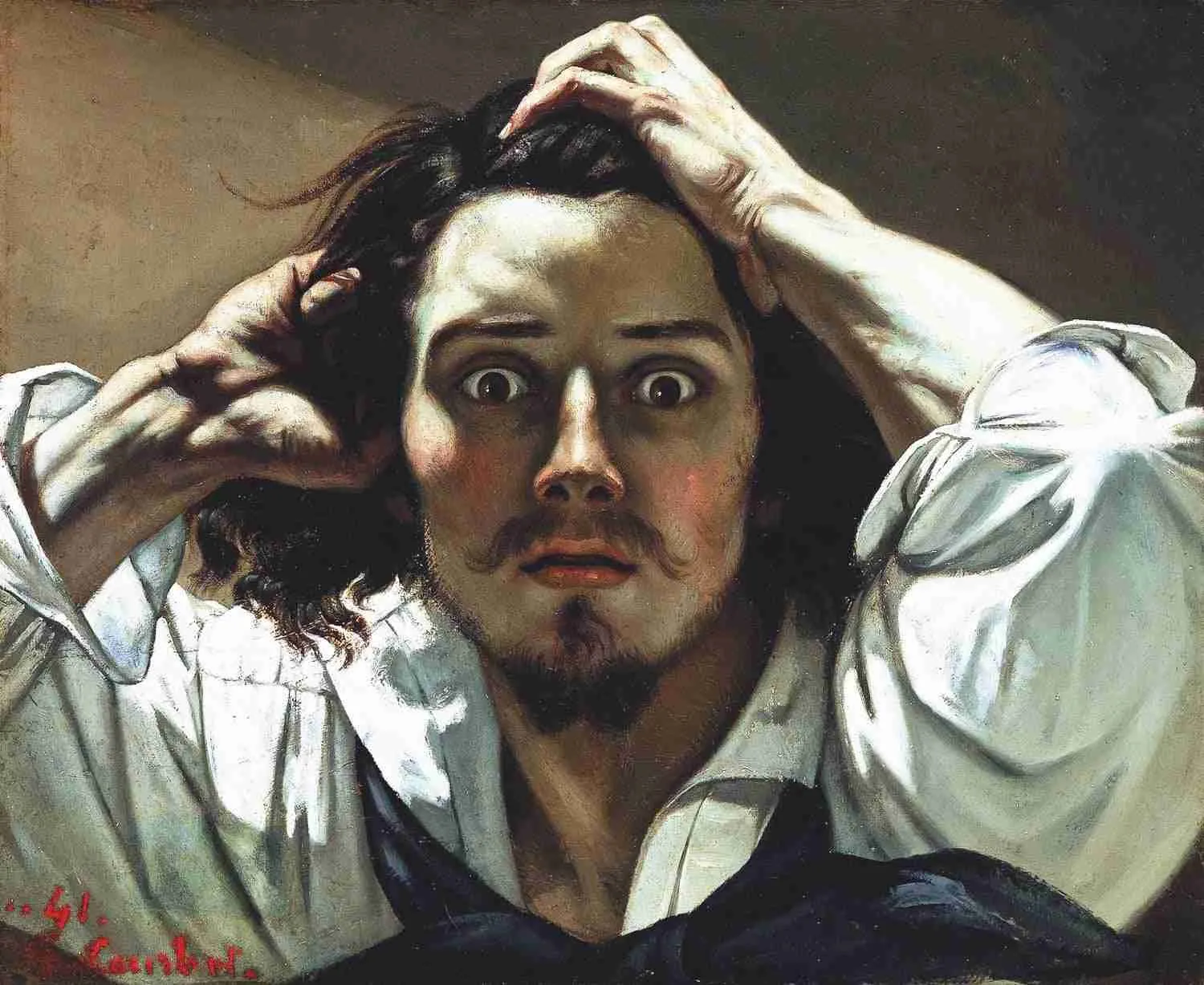 A portrait of a man with a surprised expression, desperately needing a loan despite having bad credit, his eyes wide and mouth slightly open, as he pulls his hair back with both hands against a neutral background