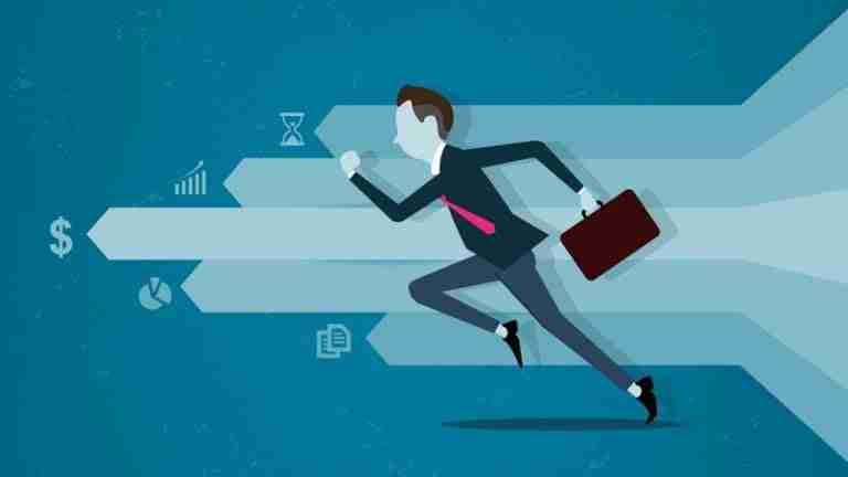 A stylized illustration of a businessman in a race against time, overcoming various obstacles represented by icons, including "fast cash loans no credit check", depicting challenges in the corporate world. fast cash advance loans